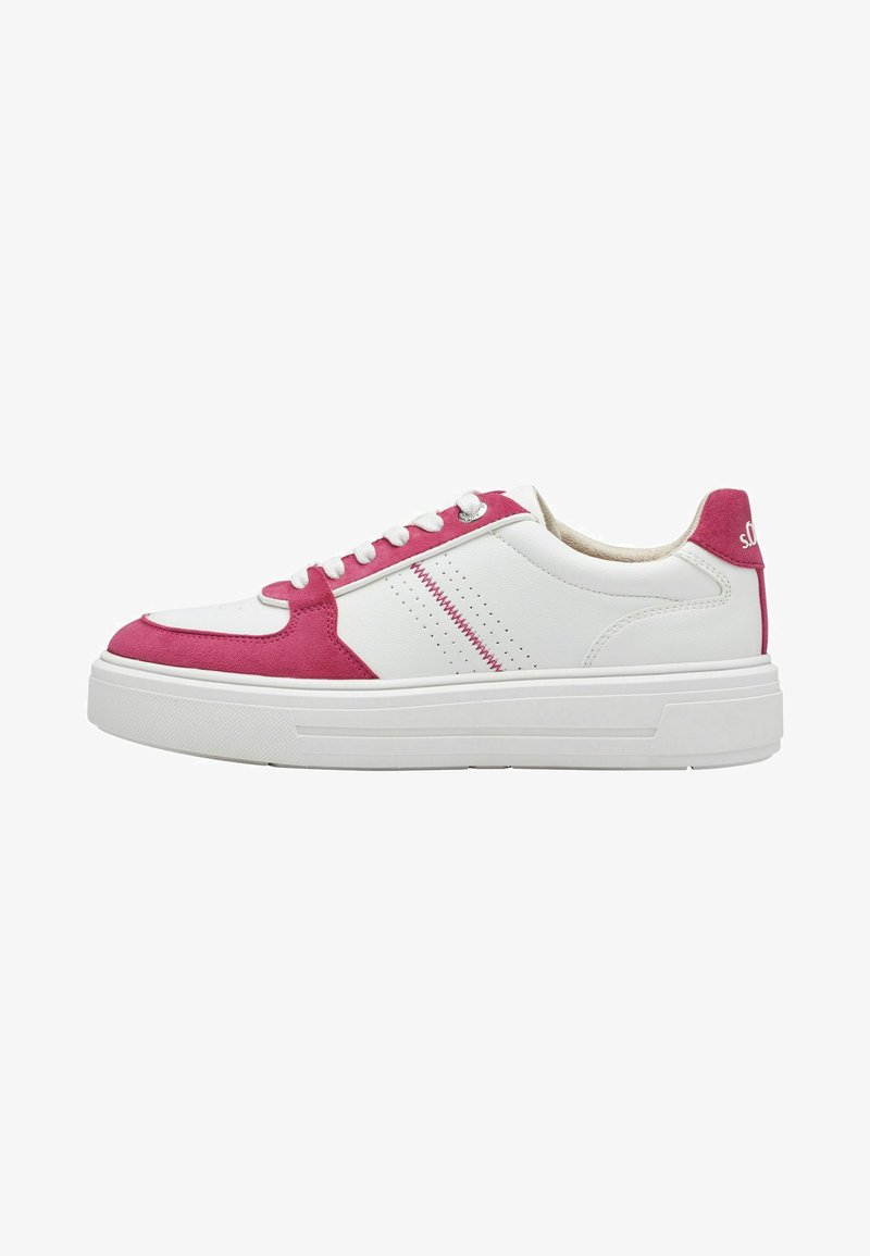 White and pink sneakers with a mixed material design; smooth leather and soft suede. Thick white sole, round toe, and perforated accents.