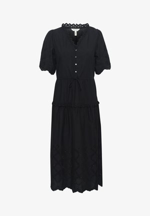Black cotton dress with short puff sleeves, V-neck, button front, and waist tie. Features eyelet detailing and scalloped hem with diamond pattern.