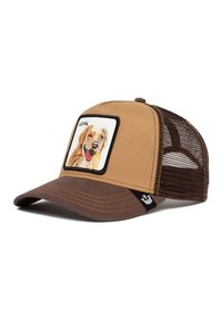 Braune und beigefarbene Kappe mit einem Mesh-Rücken und einem vorderen Patch, der das Gesicht eines Golden Retrievers zeigt. Gestickter Text besagt „Loyal“. Glattes Gewebe und detaillierte Nähte.