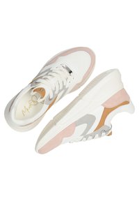 White sneaker with pink, gray, and tan accents. Mesh and suede materials, padded collar, textured sole with rounded edges and logo detail.