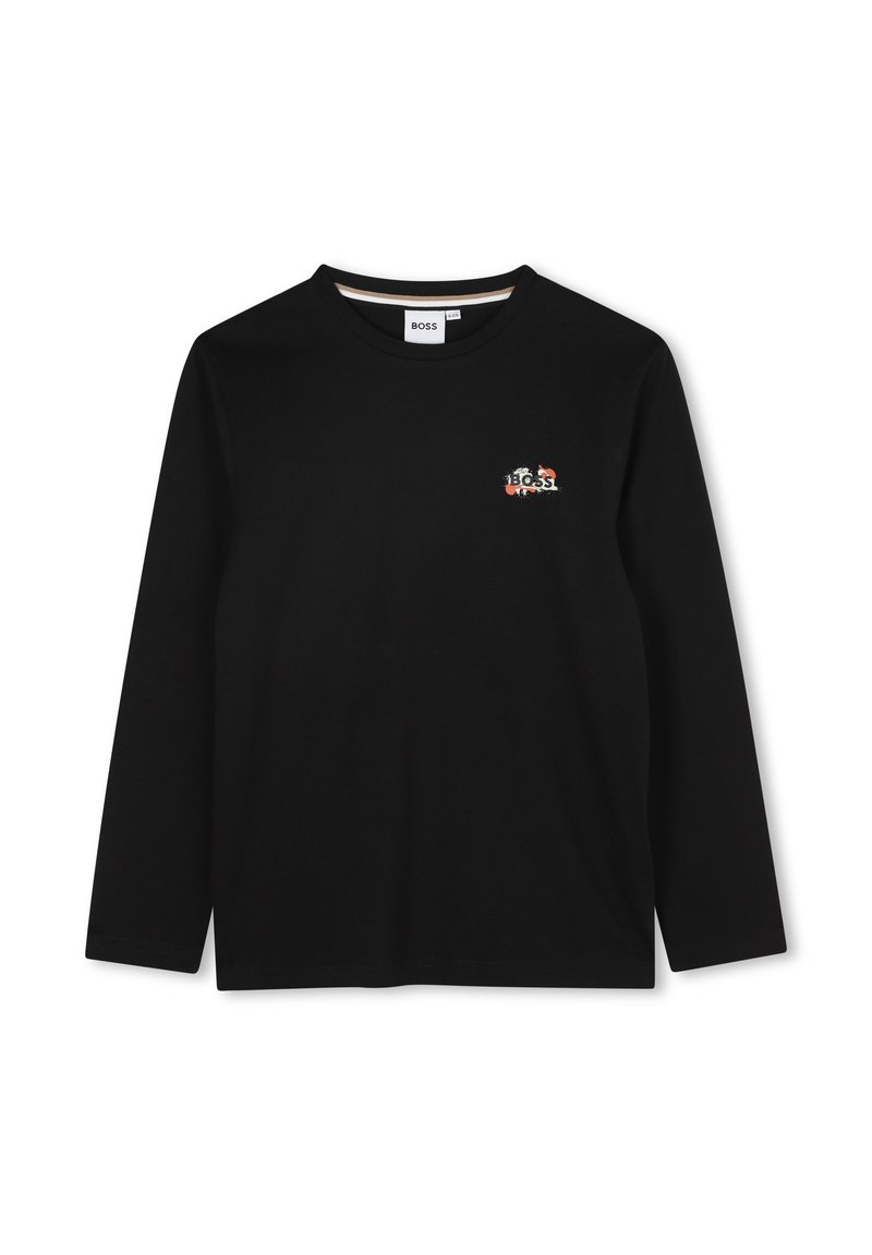 Zwart longsleeve t-shirt van zachte stof, met een geborduurd logo op de borst en een ronde halslijn.