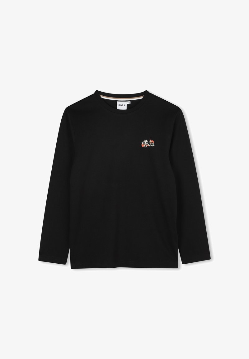 T-shirt noir à manches longues en tissu doux, comportant un logo brodé sur la poitrine et un col rond.