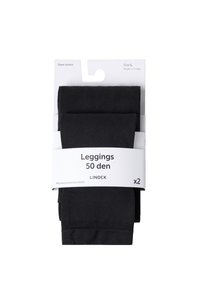 Two pairs of black leggings, size L, 50 denier, super stretch, packaged with white label showing brand Lindex and made in Turkey.