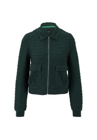 Veste bomber vert foncé en tissu texturé, avec zip avant, deux poches plaquées, poignets en côtes et ourlet. Comprend un col et une étiquette de marque à l'intérieur.