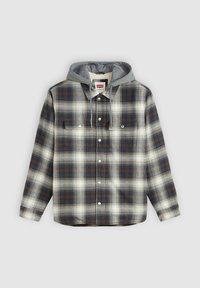 Camicia in flanella con cappuccio grigio, caratterizzata da un motivo a quadri neri, bianchi e blu, due tasche sul petto e chiusura con bottoni a pressione.