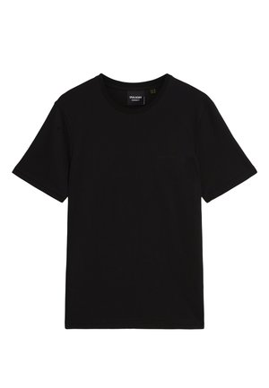 Zwart katoenen t-shirt met korte mouwen, voorzien van een ronde hals, rechte snit en minimalistisch ontwerp met subtiele branding op de voorkant.