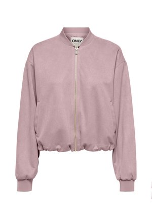 Veste bombers courte de couleur violet clair avec fermeture éclair frontale, poignets et col côtelés, présentée sur un fond blanc.