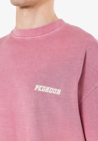 Šviesiai rožinė medvilninė pūkinė palaidinė suapvalintu kaklu. Kairėje krūtinės pusėje yra balta "PEGADOR" logotipas. Lygi tekstūra, laisvas pritaikymas.