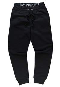 Pantalones de chándal negros con cintura ajustable por cordón, bolsillos laterales, tobillos elásticos y cinturilla elástica blanca con logo. Fabricados en mezcla de algodón.