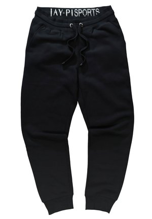 Schwarze Jogginghose mit verstellbarem Bund, seitlichen Taschen, abgesteppten Knöcheln und einem weißen, elastischen Bund mit Markenlogo. Material aus Baumwollmischung.