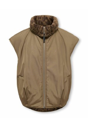 Veste matelassée beige sans manches avec fermeture éclair à l'avant et col épais en polaire marron, présentée sur fond blanc.