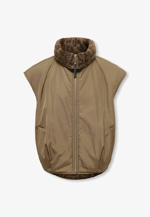 Veste matelassée beige sans manches avec fermeture éclair à l'avant et col épais en polaire marron, présentée sur fond blanc.