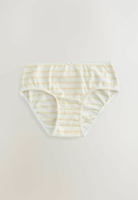 Witte katoenen slip met gele horizontale strepen, voorzien van kantafwerking en een kleine blauwe strik op de achterkant. Zacht en lichtgewicht materiaal.