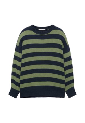 Svetr z pleteniny s vodorovnými pruhy v barvě námořnické modři a olivově zelené, s dlouhými rukávy a žebrovanými manžetami, límcem a lemem.