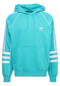 Turkos hoodie med vitt kantband, en känguruficka och tre vita ränder på ärmarna. Sportlogotyp på bröstet. Material i bomullsblandning.