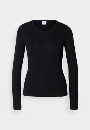 Black long-sleeve shirt made of cotton blend fabric, featuring a round neckline and fitted design with no visible patterns or graphics.