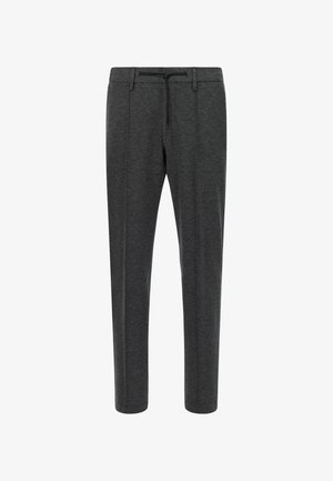 Graue, maßgeschneiderte Hose aus Jersey-Stoff. Sie verfügt über einen Schnürbund und schmal zulaufende Beine mit vorderen Falten für einen strukturierten Look.