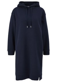 Marinblå oversized hoodie-klänning i mjukt material, med dragsko i huvan, sänkta axlar, långa ärmar och sidfickor för ökad rörelsefrihet.