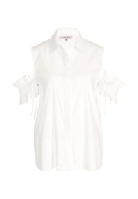 Witte shirt met korte mouwen, voorzien van gerufte manchetten met strikjes. Op maat gemaakte kraag, knoopsluiting en een relaxte pasvorm.