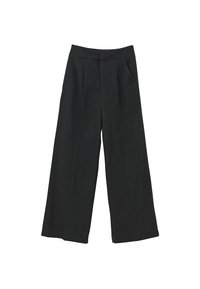 Wijde broekspijpen in donkergrijs stof met krijtstreep. Heeft een hoge taille, plooien aan de voorkant en twee zijzakken. Soepele textuur.