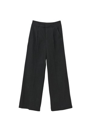 Wijde broekspijpen in donkergrijs stof met krijtstreep. Heeft een hoge taille, plooien aan de voorkant en twee zijzakken. Soepele textuur.