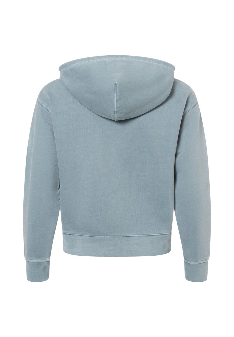 Felpa blu chiaro con cappuccio dal design cropped, in tessuto morbido e con polsini a coste. Presenta una vestibilità rilassata e dettagli di cucitura sottili.