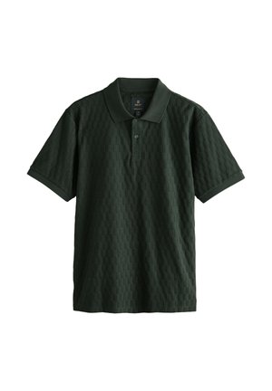 Dark green short-sleeve polo shirt with textured checkerboard pattern and two-button placket.