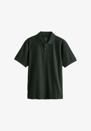 Dark green short-sleeve polo shirt with textured checkerboard pattern and two-button placket.