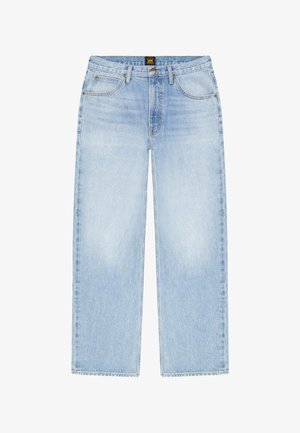 Hele sinised sirge säärega teksad, millel on viis taskut, nööpidega sulgur ja Lee kaubamärgi silt vöökohal.