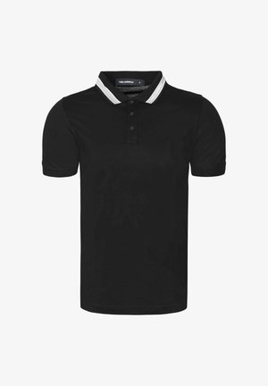 Schwarzes kurzärmeliges Poloshirt mit drei Knöpfen und einem Kragen mit weißen und grauen Streifen sowie dezentem Logo-Schriftzug.