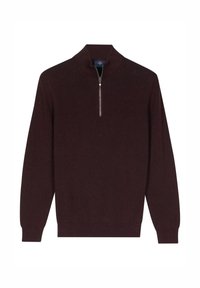 Bordeaux geribde pullover met hoge kraag, voorzien van een korte metalen rits en lange mouwen. Zachte textuur met een aansluitend ontwerp.