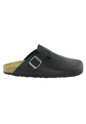 Zoccolo in pelle nera con suola in sughero, caratterizzato da una fibbia argentata e una superficie liscia. Progettato per comfort e facilità d'uso.