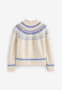 Beżowy sweter z dzianiny z wysokim kołnierzem, z niebieskimi i pomarańczowymi wzorzystymi akcentami wokół dekoltu i dolnego brzegu, materiał jest miękki i przytulny.