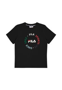 Camiseta de algodón negra con un logotipo circular en texto blanco, rojo, verde y azul. Cuello redondo y mangas cortas.