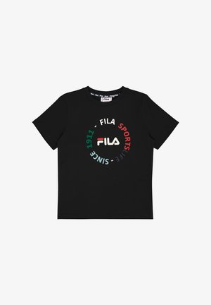 T-shirt in cotone nero con un logo circolare in testo bianco, rosso, verde e blu. Collo a giro e maniche corte.