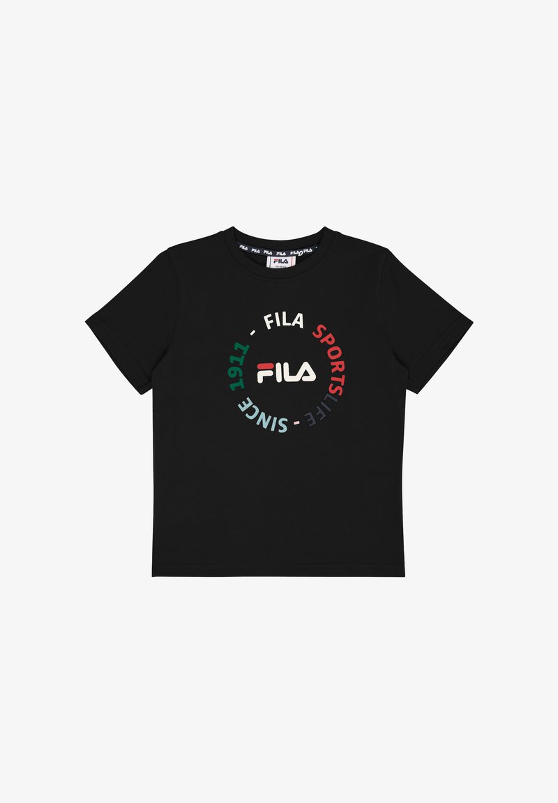 Czarna bawełniana koszulka z okrągłym logo w białym, czerwonym, zielonym i niebieskim tekście. Okrągły dekolt i krótkie rękawy.