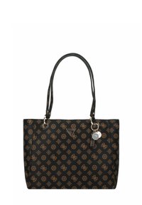 Borsa a tracolla nera con motivo del logo marrone, doppi manici, dettagli in metallo argentato e un portachiavi decorativo attaccato di lato.