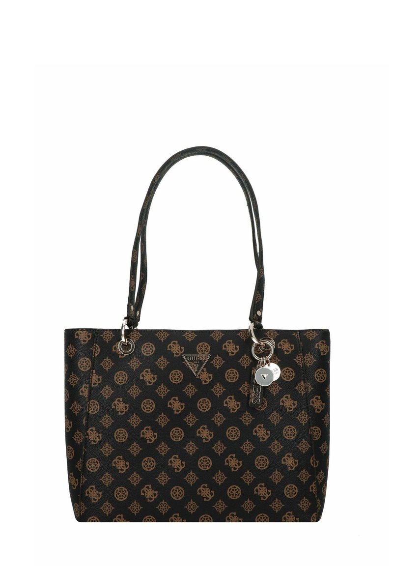 Borsa a tracolla nera con motivo del logo marrone, doppi manici, dettagli in metallo argentato e un portachiavi decorativo attaccato di lato.