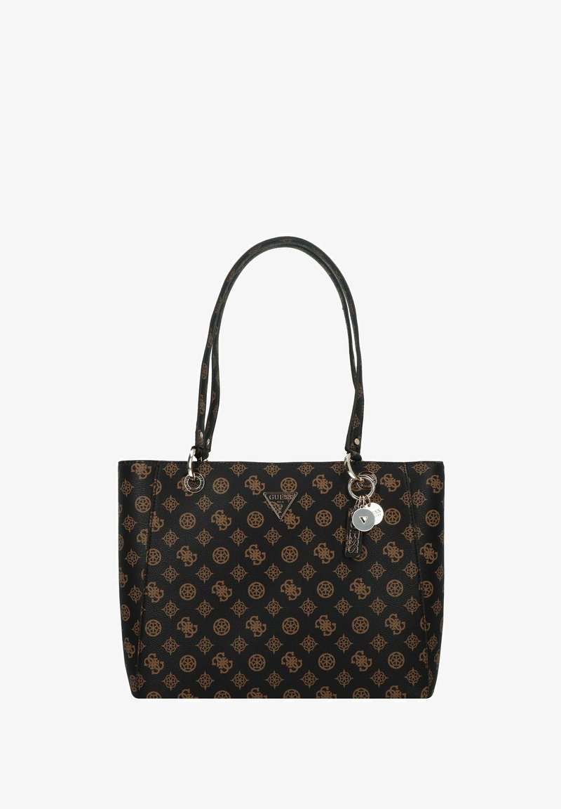 Borsa a tracolla nera con motivo del logo marrone, doppi manici, dettagli in metallo argentato e un portachiavi decorativo attaccato di lato.