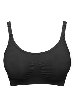 Black seamless bra with adjustable straps, wide band, gathered center detail, and a smooth texture. No underwire or additional embellishments.