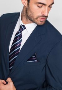 Giacca da completo blu navy con una camicia bianca, arricchita da una cravatta con righe blu, nera e rossa. Un fazzoletto da taschino a fantasia spunta dalla tasca del petto.