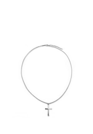 Sølvkjede med et lite, polert korsanheng, sikret med en hummerlås og justerbar forlengelseslenke.