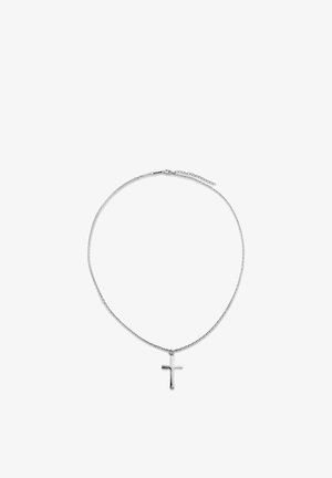 Sølvkæde med lille poleret korsvedhæng, sikret med en hummerlås og justerbar forlængerkæde.