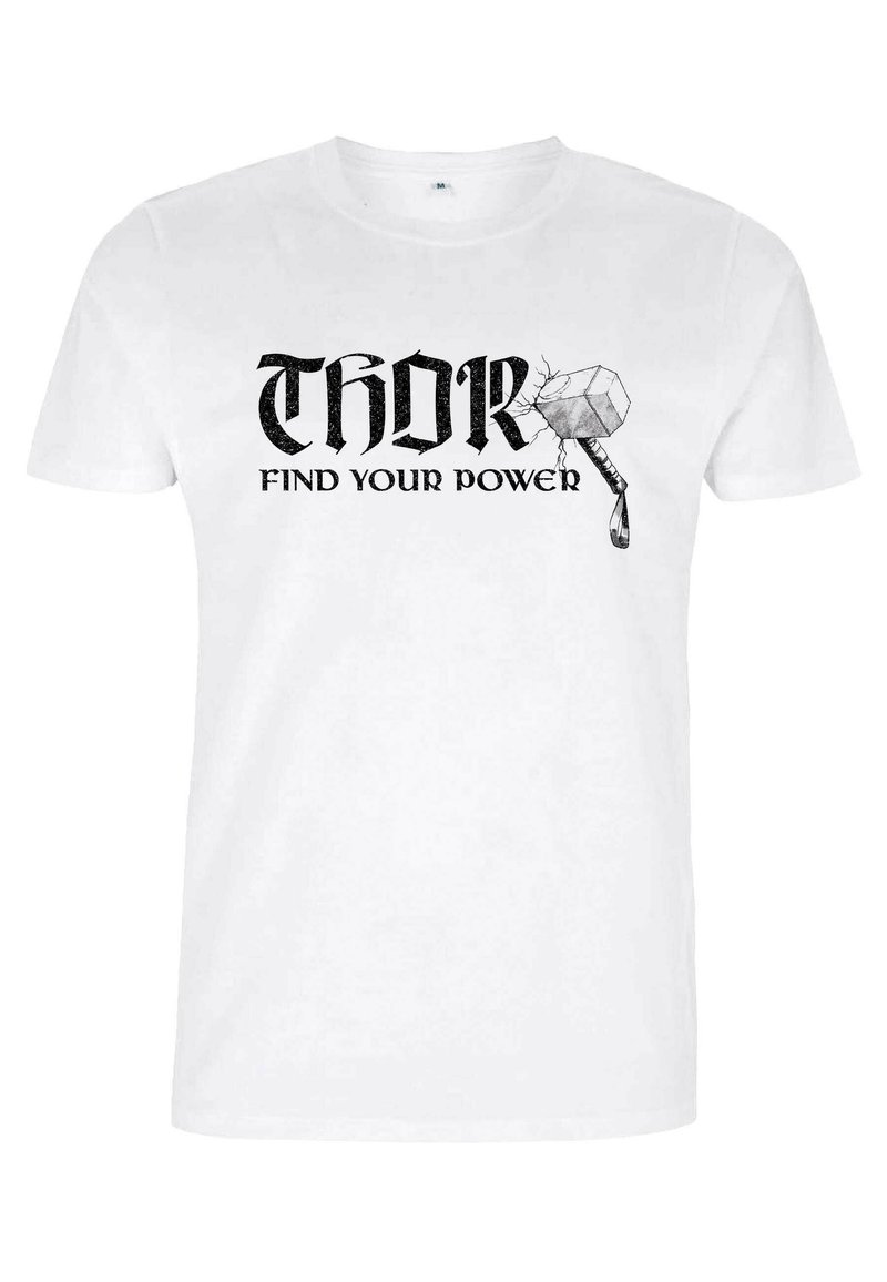 Hvid bomulds t-shirt med fed sort tekst "THOR" over sætningen "FIND DIN KRAFT" og en illustration af en hammer med en revnet effekt.