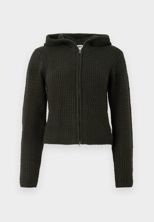 Dark green zip-up hoodie made of textured fabric, featuring a hood, fitted silhouette, and ribbed cuffs and hem.