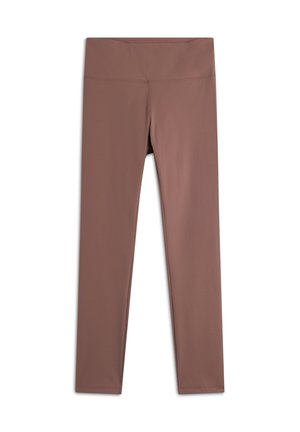 Leggings marroni realizzati in tessuto elastico, dotati di una vita alta e design senza cuciture, con una texture liscia e senza motivi visibili.