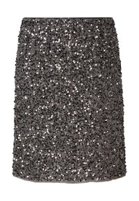 Spódnica zdobiona cekinami w ciemnoszarym kolorze, o dopasowanym kształcie i gęsto pokrytej powierzchni z refleksyjnymi, okrągłymi cekinami.