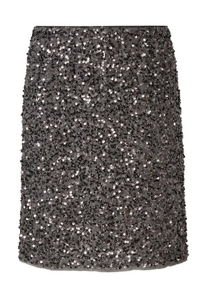 Spódnica zdobiona cekinami w ciemnoszarym kolorze, o dopasowanym kształcie i gęsto pokrytej powierzchni z refleksyjnymi, okrągłymi cekinami.