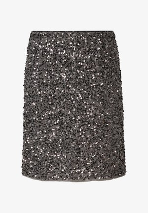 Sequin-embellished skirt in dark gray, featuring a fitted shape and densely covered surface with reflective circular sequins.