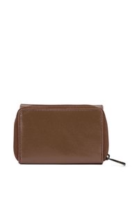 Bruine leren portemonnee met een gestructureerd oppervlak, rechthoekige vorm, ritsluiting en een minimalistisch ontwerp.